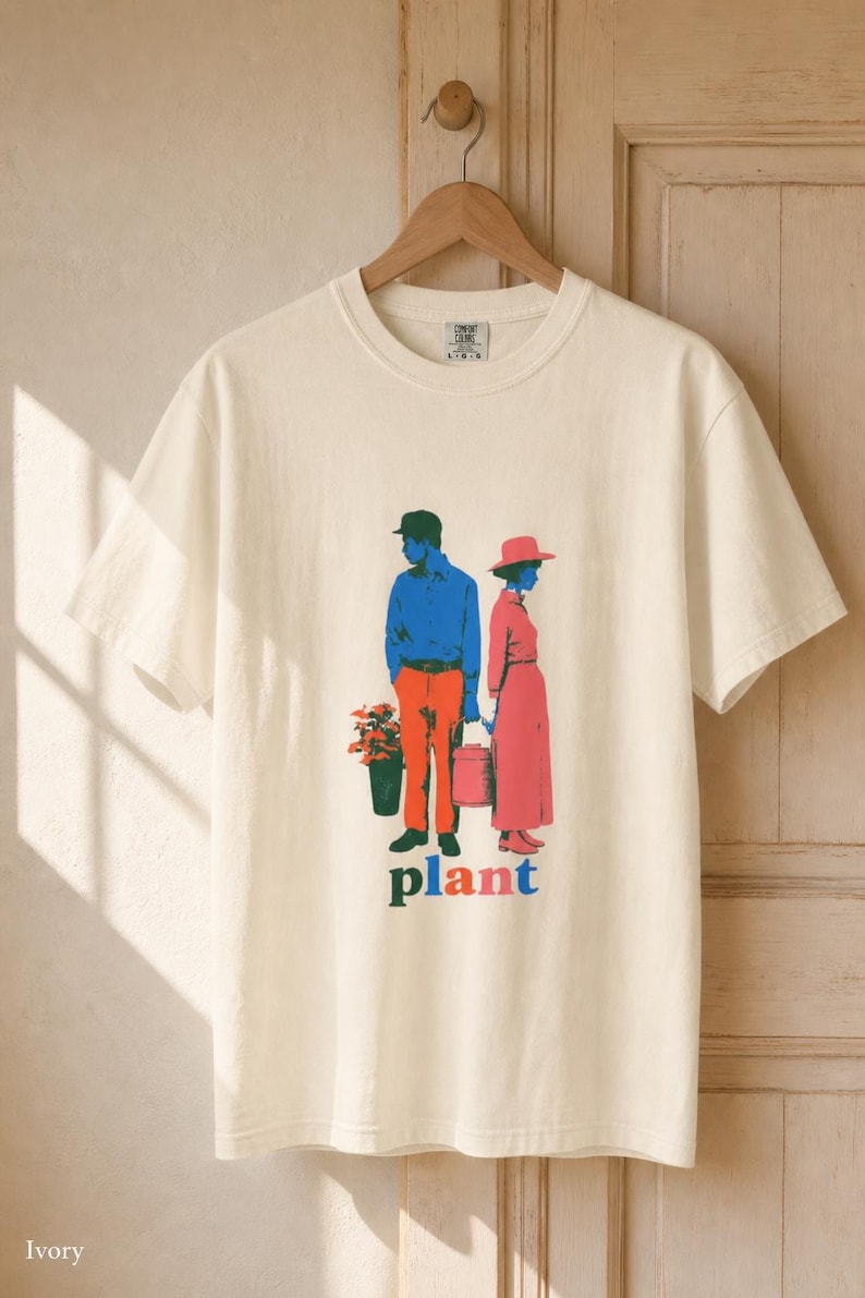 Plant Couple T-Shirt, Retro Screenprint Style Tee with Gardeners Holding Flowers and Watering Can, Cottage Garden Graphic Tee image 1