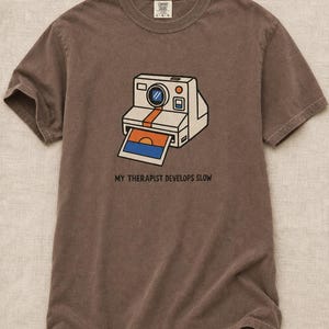 Retro Polaroid Camera T-Shirt, My Therapist Develops Slow, Vintage Instant Photo Tee, Film Photography Graphic Tee, Sunset Print image 16