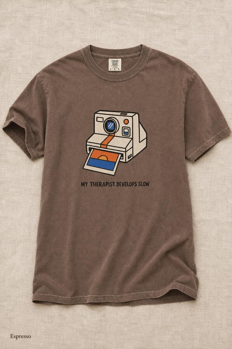 Retro Polaroid Camera T-Shirt, My Therapist Develops Slow, Vintage Instant Photo Tee, Film Photography Graphic Tee, Sunset Print image 16