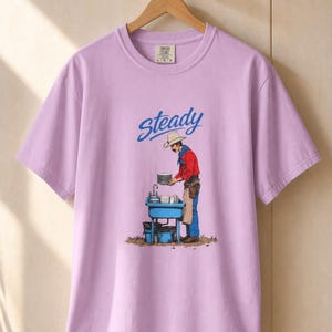 Steady Cowboy Washing Dishes T-Shirt, Mustached Ranch Hand at Blue Sink Graphic Tee, Quiet Work Western Shirt image 18