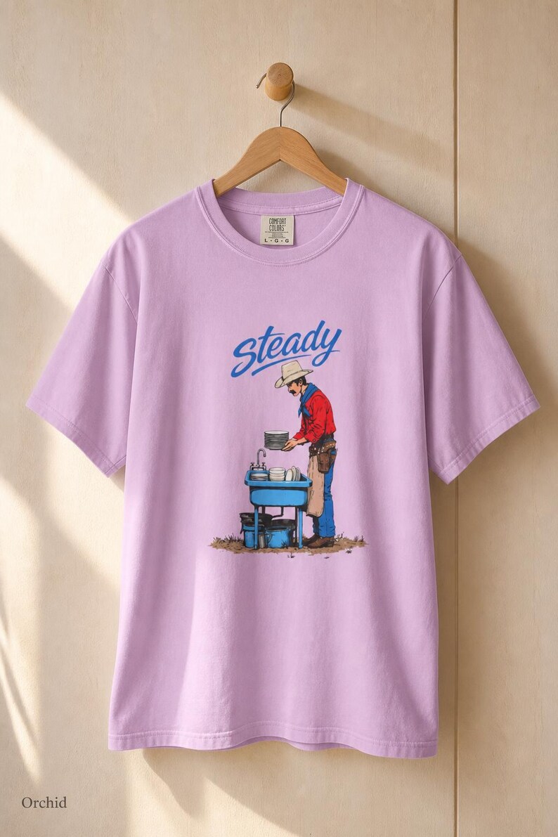 Steady Cowboy Washing Dishes T-Shirt, Mustached Ranch Hand at Blue Sink Graphic Tee, Quiet Work Western Shirt image 18
