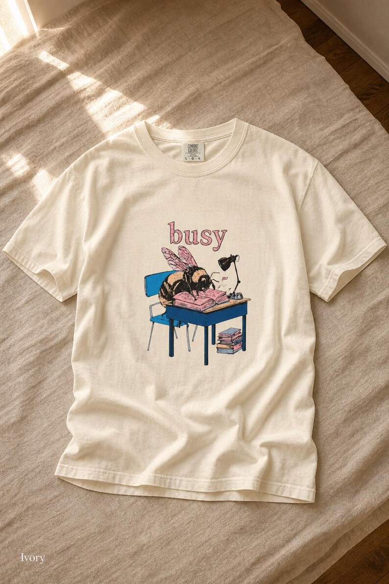 Busy Bee at Desk T-Shirt, Bumblebee Studying Illustration Tee, Bookish Cottagecore Graphic Shirt, Hard Worker Gift image 1