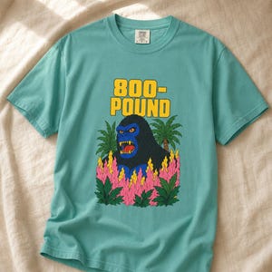 800-Pound Gorilla T-Shirt Pulp Poster Kaiju Tee Bold Flat Color Screenprint Style Roaring Ape Palm Trees Graphic Tee image 10