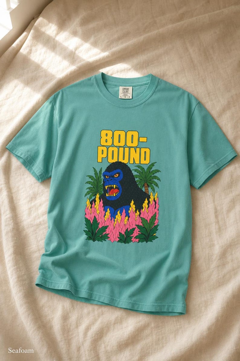 800-Pound Gorilla T-Shirt Pulp Poster Kaiju Tee Bold Flat Color Screenprint Style Roaring Ape Palm Trees Graphic Tee image 10