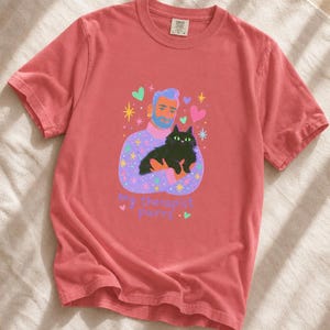 My Therapist Purrs T-Shirt, Bearded Man Holding Black Cat Tee, Cat Lover Gouache Illustration, Mental Health Cat Mom Dad Shirt imagem 16