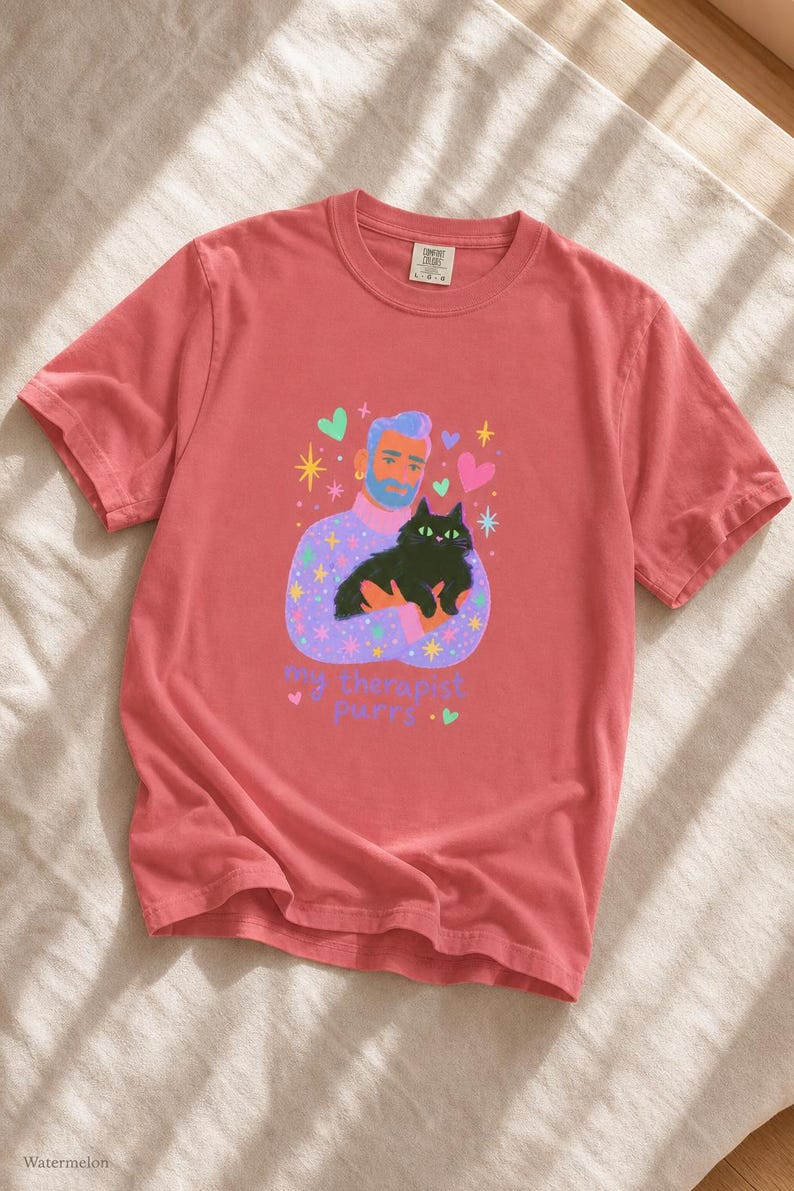 My Therapist Purrs T-Shirt, Bearded Man Holding Black Cat Tee, Cat Lover Gouache Illustration, Mental Health Cat Mom Dad Shirt imagem 16