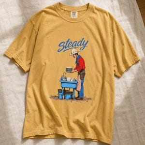 Steady Cowboy Washing Dishes T-Shirt, Mustached Ranch Hand at Blue Sink Graphic Tee, Quiet Work Western Shirt image 12