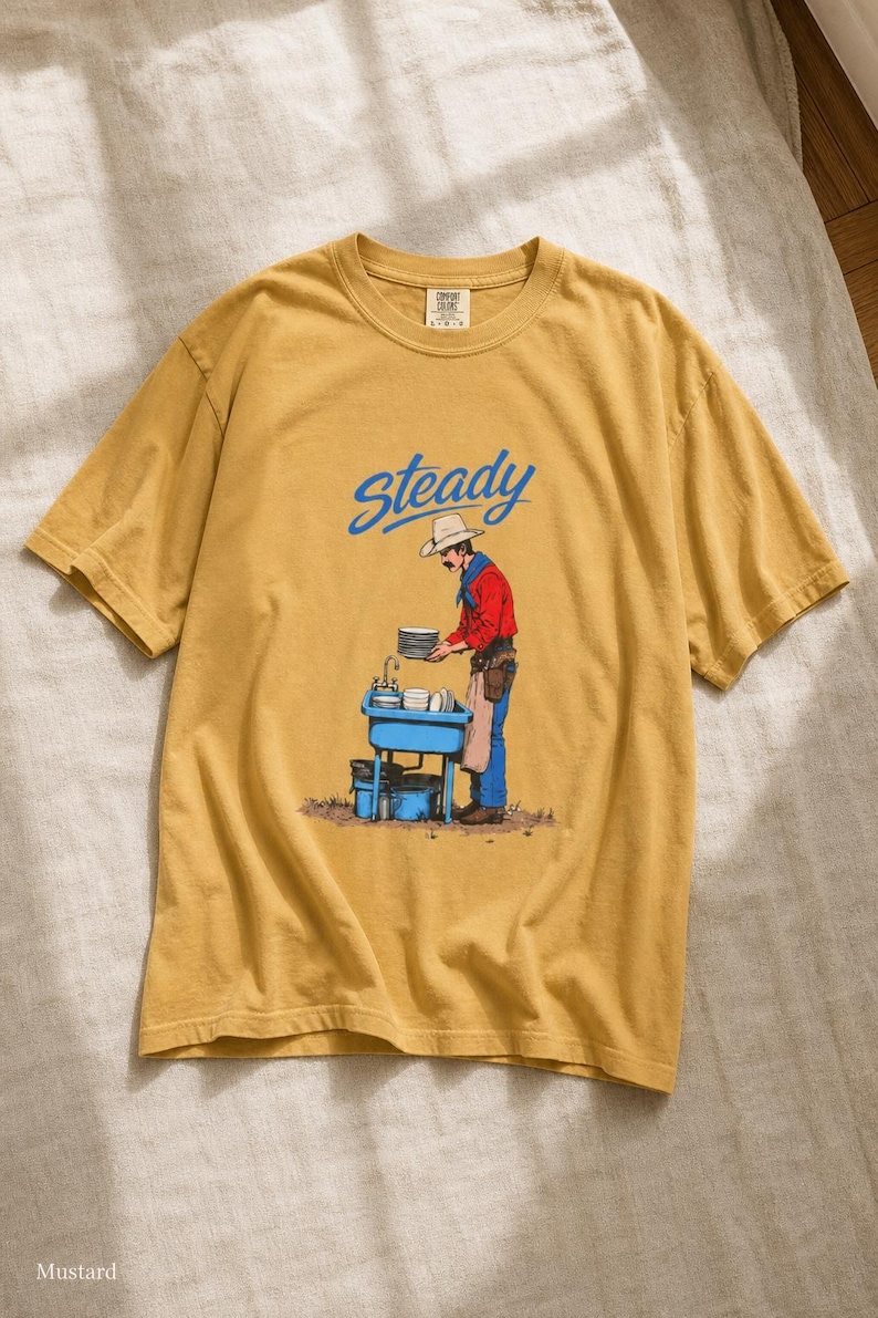 Steady Cowboy Washing Dishes T-Shirt, Mustached Ranch Hand at Blue Sink Graphic Tee, Quiet Work Western Shirt image 12