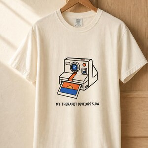 Retro Polaroid Camera T-Shirt, My Therapist Develops Slow, Vintage Instant Photo Tee, Film Photography Graphic Tee, Sunset Print image 6