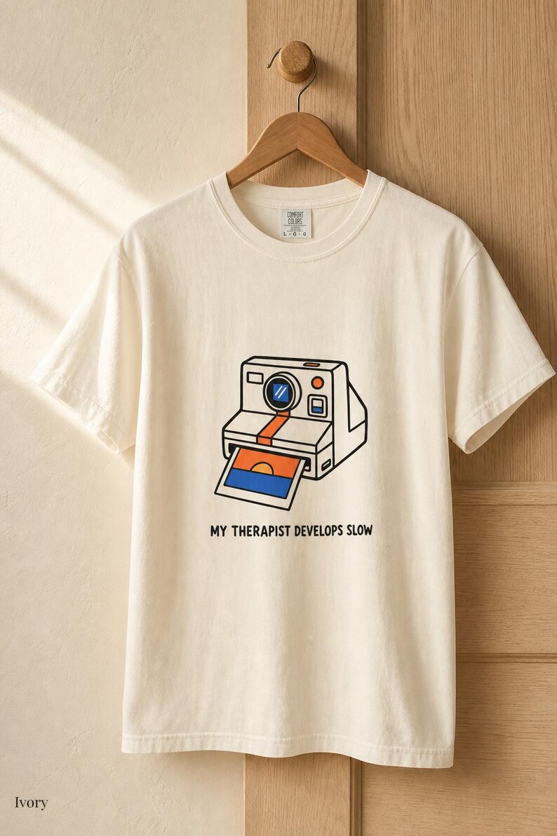 Retro Polaroid Camera T-Shirt, My Therapist Develops Slow, Vintage Instant Photo Tee, Film Photography Graphic Tee, Sunset Print image 6