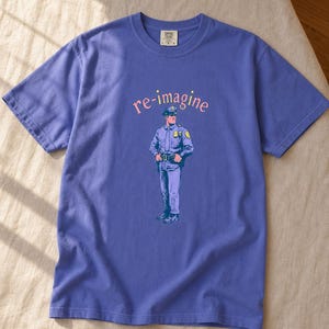 Re-imagine Police Officer T-Shirt Comic Style Cop Illustration Tee Community Reform Graphic Shirt Gift image 17