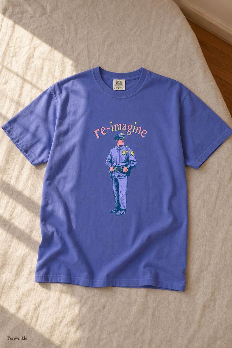 Re-imagine Police Officer T-Shirt Comic Style Cop Illustration Tee Community Reform Graphic Shirt Gift image 17