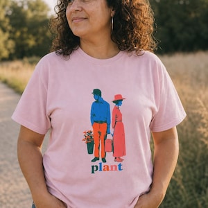 Plant Couple T-Shirt, Retro Screenprint Style Tee with Gardeners Holding Flowers and Watering Can, Cottage Garden Graphic Tee image 3