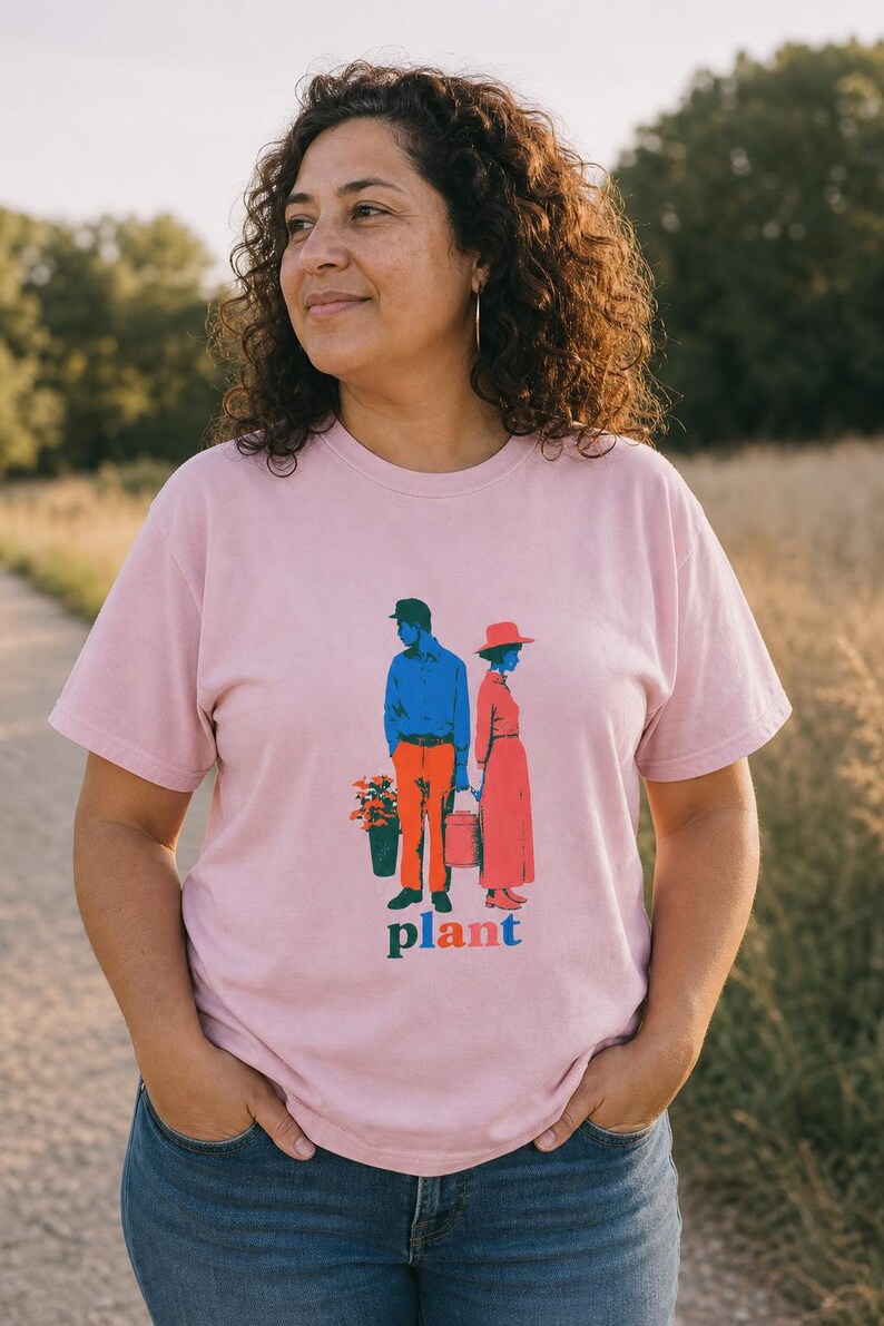 Plant Couple T-Shirt, Retro Screenprint Style Tee with Gardeners Holding Flowers and Watering Can, Cottage Garden Graphic Tee image 3