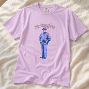 Re-imagine Police Officer T-Shirt Comic Style Cop Illustration Tee Community Reform Graphic Shirt Gift image 1