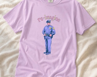 Re-imagine Police Officer T-Shirt Comic Style Cop Illustration Tee Community Reform Graphic Shirt Gift