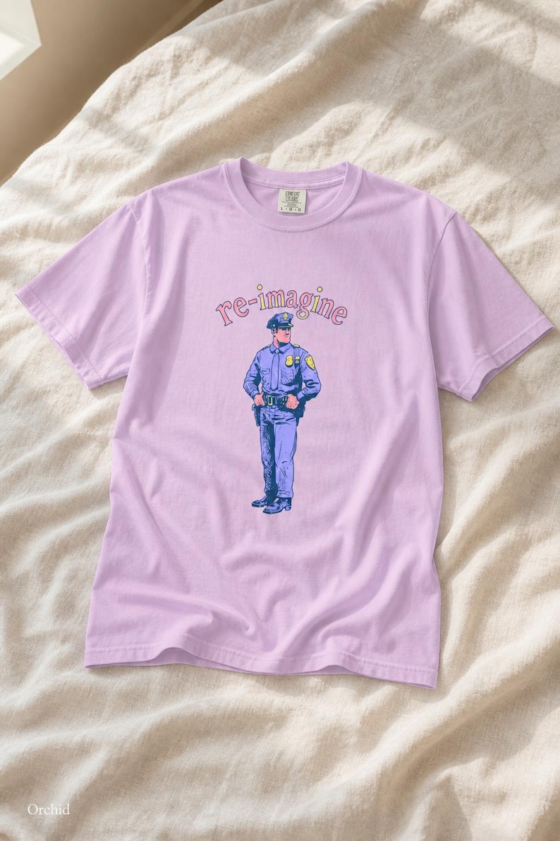 Re-imagine Police Officer T-Shirt Comic Style Cop Illustration Tee Community Reform Graphic Shirt Gift image 1