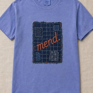 Mend Sashiko Boro Patch T-Shirt Visible Mending Embroidered Denim Look Slow Stitch Repair Graphic Tee Mutual Aid Gift image 16