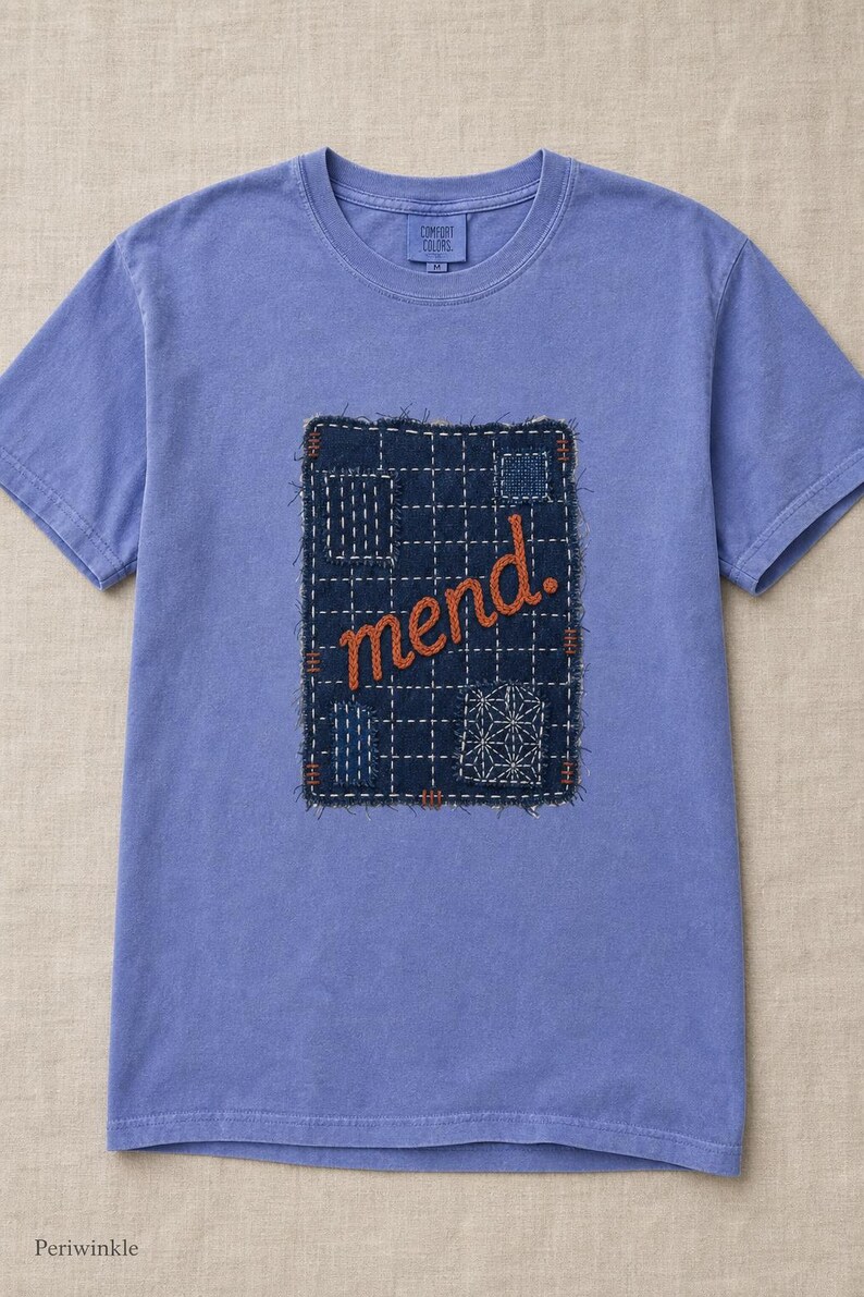 Mend Sashiko Boro Patch T-Shirt Visible Mending Embroidered Denim Look Slow Stitch Repair Graphic Tee Mutual Aid Gift image 16