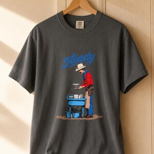 Steady Cowboy Washing Dishes T-Shirt, Mustached Ranch Hand at Blue Sink Graphic Tee, Quiet Work Western Shirt image 13