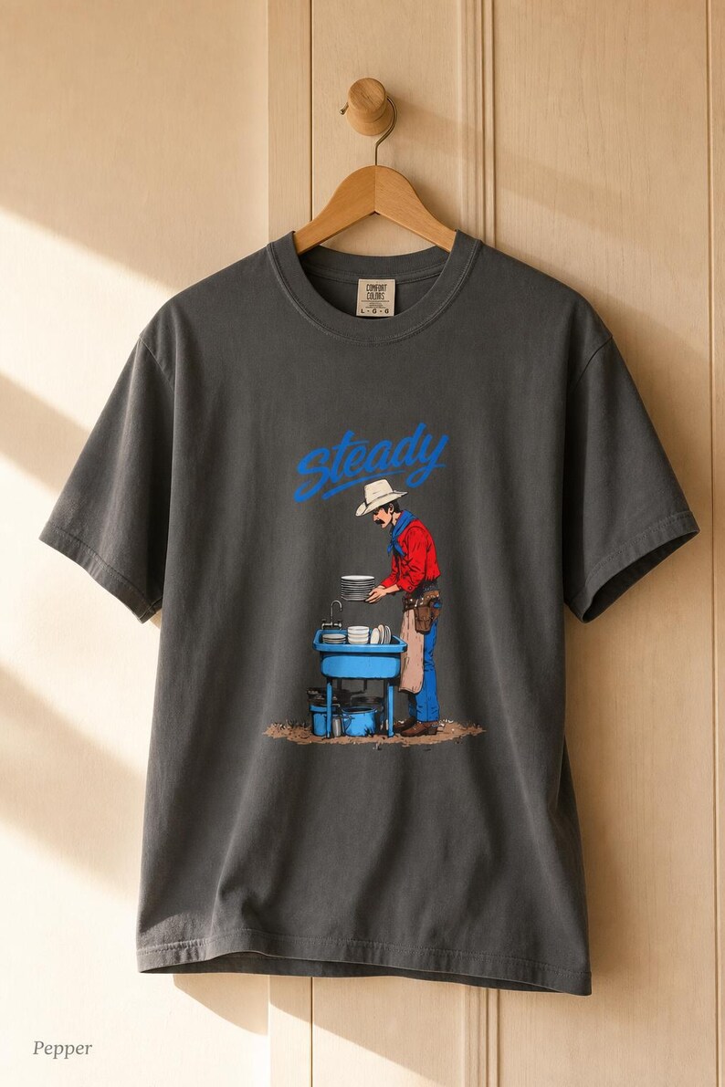 Steady Cowboy Washing Dishes T-Shirt, Mustached Ranch Hand at Blue Sink Graphic Tee, Quiet Work Western Shirt image 13