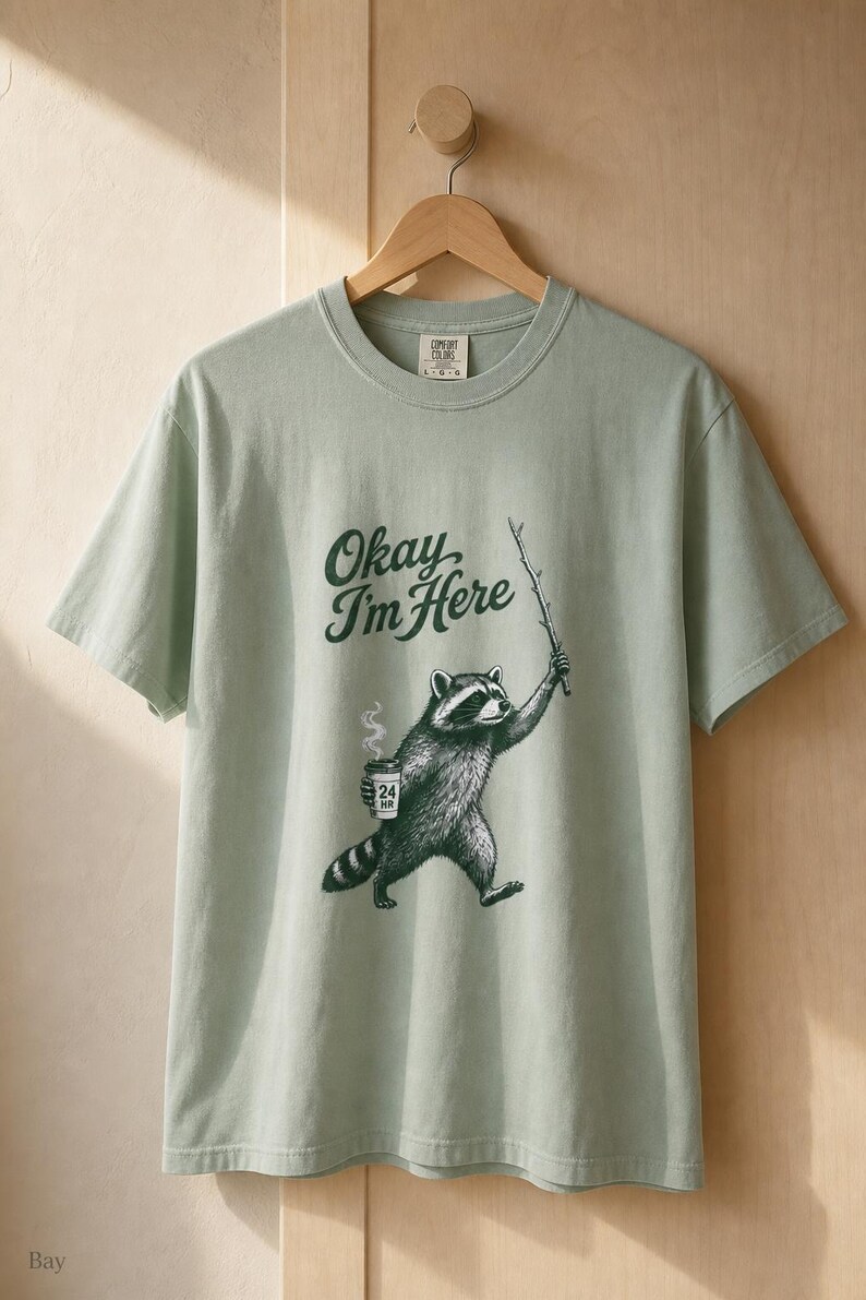 Okay I'm Here Raccoon T-Shirt, Stipple Raccoon with Coffee and Stick Graphic Tee, 24 Hour Gas Station Goblincore Shirt image 5