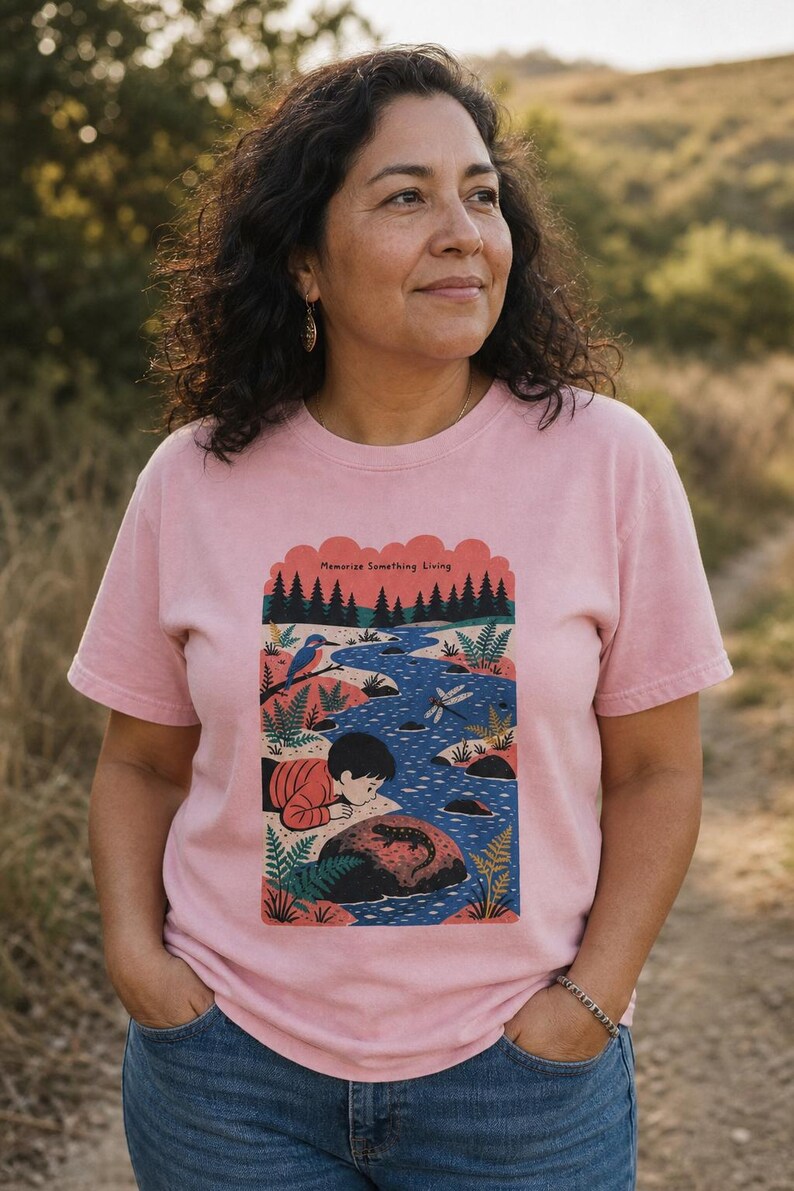 Memorize Something Living T-Shirt, Folk Illustration Tee with Child and Salamander at the Creek, Nature Lover Gift Bild 3