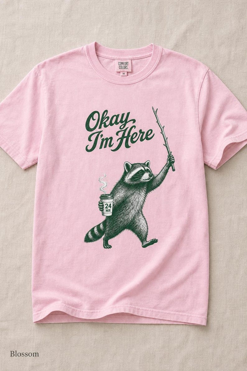 Okay I'm Here Raccoon T-Shirt, Stipple Raccoon with Coffee and Stick Graphic Tee, 24 Hour Gas Station Goblincore Shirt image 8