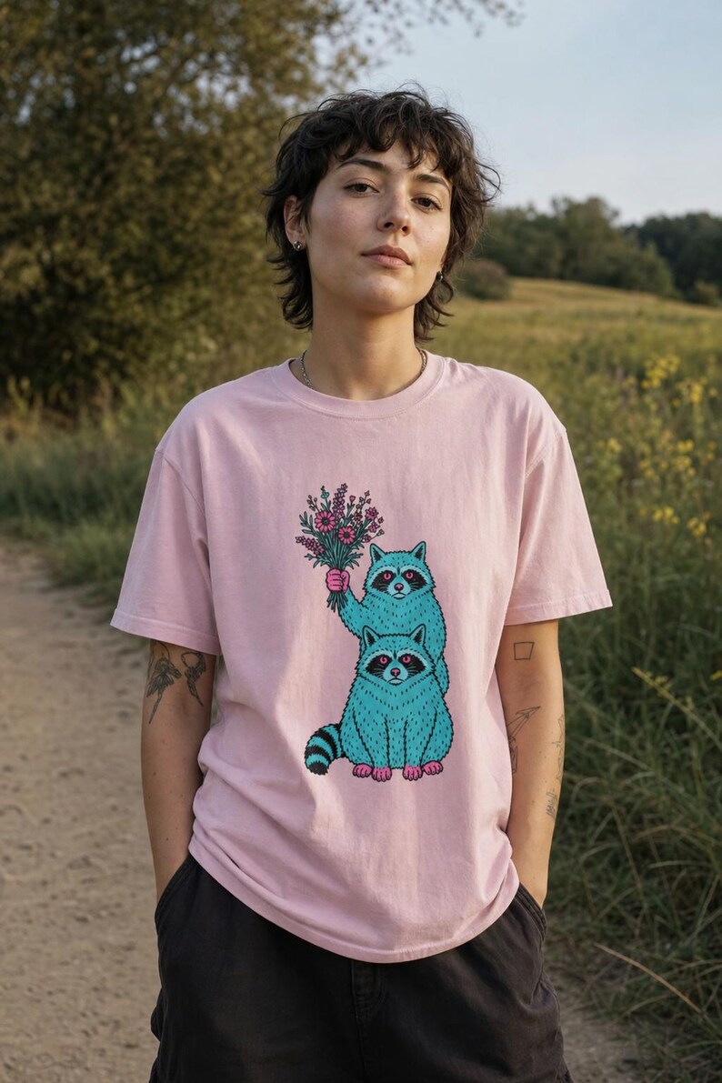 Two Raccoons Holding Wildflowers T-Shirt, Teal and Pink Riso Style Raccoon Tee, Cottagecore Animal Graphic Shirt, Soft Protest Gift image 3