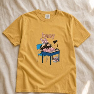 Busy Bee at Desk T-Shirt, Bumblebee Studying Illustration Tee, Bookish Cottagecore Graphic Shirt, Hard Worker Gift image 11