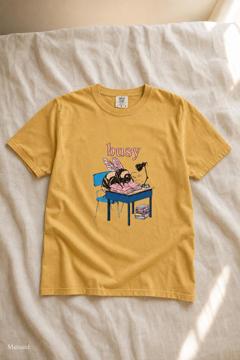 Busy Bee at Desk T-Shirt, Bumblebee Studying Illustration Tee, Bookish Cottagecore Graphic Shirt, Hard Worker Gift image 11
