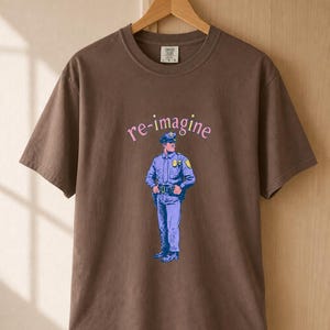 Re-imagine Police Officer T-Shirt Comic Style Cop Illustration Tee Community Reform Graphic Shirt Gift image 18