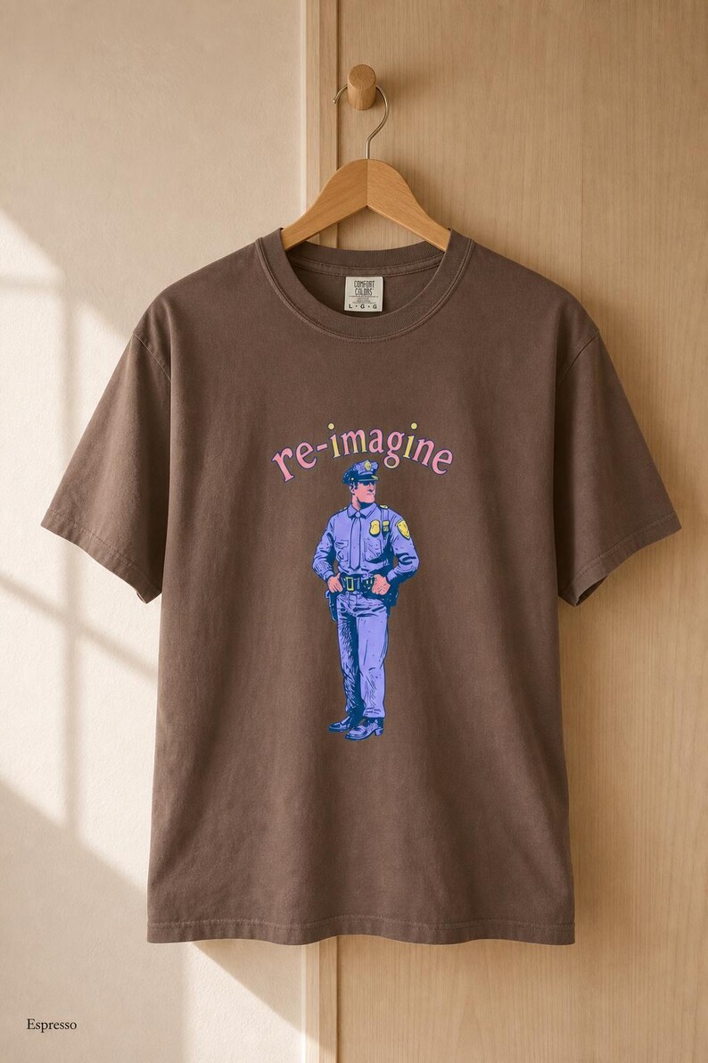 Re-imagine Police Officer T-Shirt Comic Style Cop Illustration Tee Community Reform Graphic Shirt Gift image 18