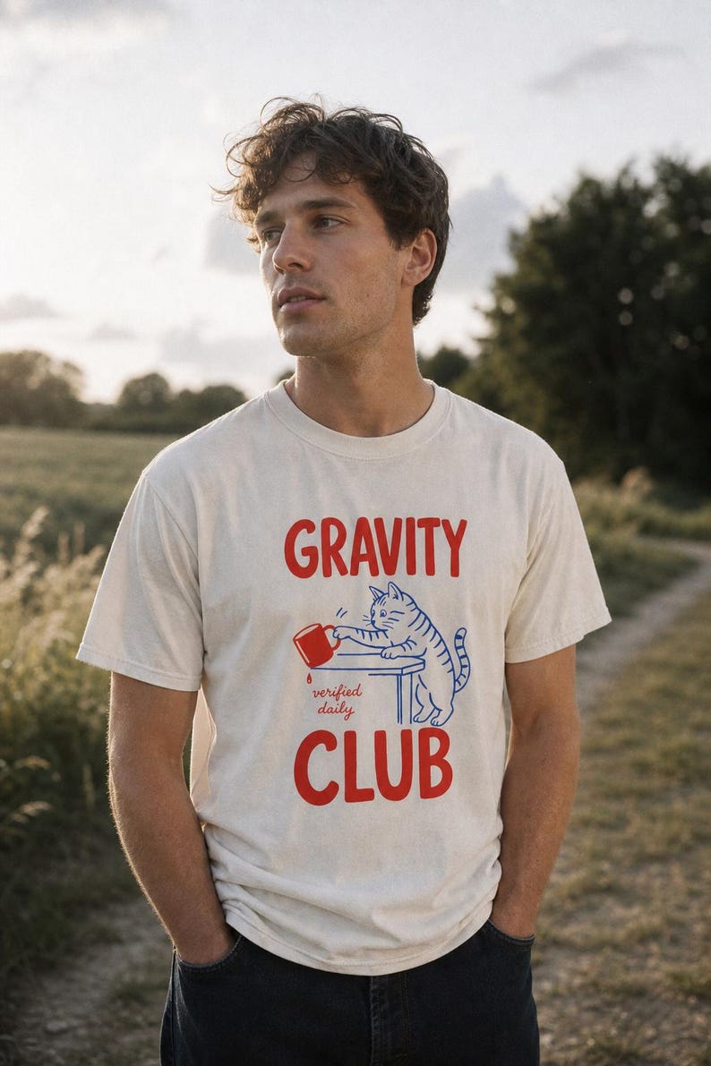 Gravity Club Cat T-Shirt Funny Cat Knocking Coffee Mug Off Table Tee Two Color Cat Lover Graphic Tee Gift imagem 2