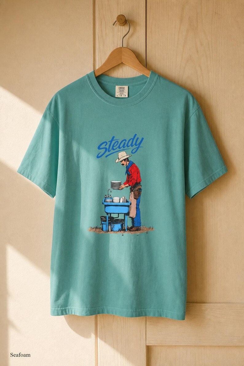 Steady Cowboy Washing Dishes T-Shirt, Mustached Ranch Hand at Blue Sink Graphic Tee, Quiet Work Western Shirt image 10