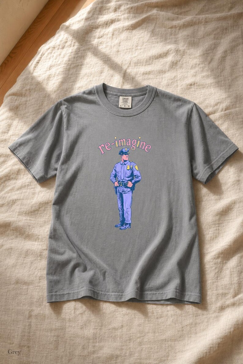 Re-imagine Police Officer T-Shirt Comic Style Cop Illustration Tee Community Reform Graphic Shirt Gift image 14