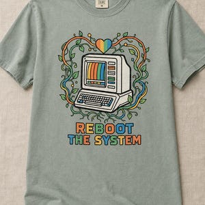 Reboot The System T-Shirt, Retro Computer with Vines and Rainbow Heart Tee, Vintage PC Graphic Cottagecore Tech Shirt image 5