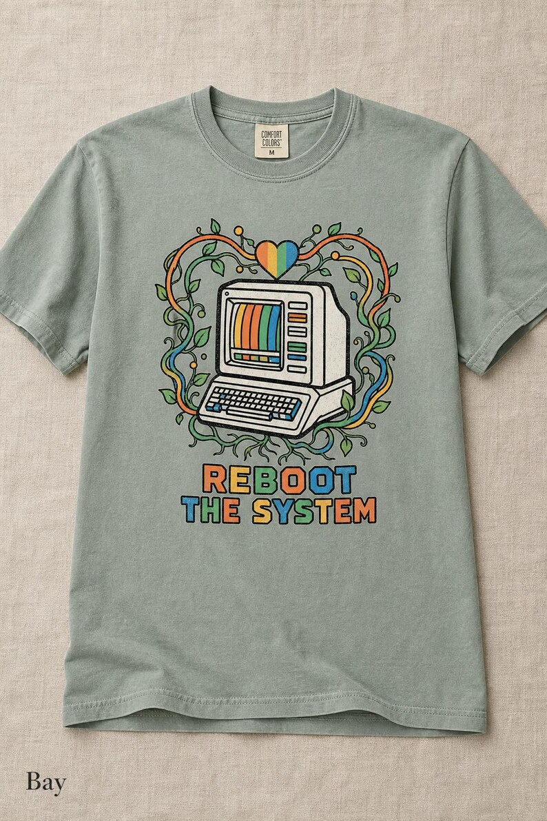Reboot The System T-Shirt, Retro Computer with Vines and Rainbow Heart Tee, Vintage PC Graphic Cottagecore Tech Shirt image 5