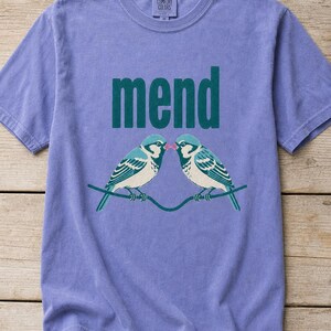 Mend Two Birds T-Shirt Sparrows on a Wire Screenprint Style Tee Quiet Repair Mutual Aid Cottagecore Bird Lover Graphic Tee Bild 16