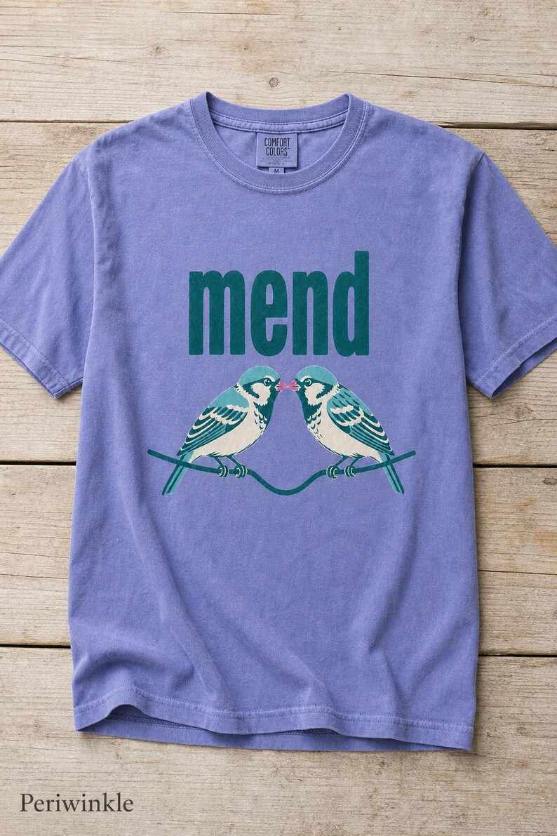 Mend Two Birds T-Shirt Sparrows on a Wire Screenprint Style Tee Quiet Repair Mutual Aid Cottagecore Bird Lover Graphic Tee Bild 16