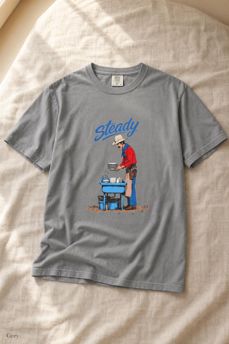 Steady Cowboy Washing Dishes T-Shirt, Mustached Ranch Hand at Blue Sink Graphic Tee, Quiet Work Western Shirt image 1