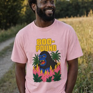 800-Pound Gorilla T-Shirt Pulp Poster Kaiju Tee Bold Flat Color Screenprint Style Roaring Ape Palm Trees Graphic Tee image 3