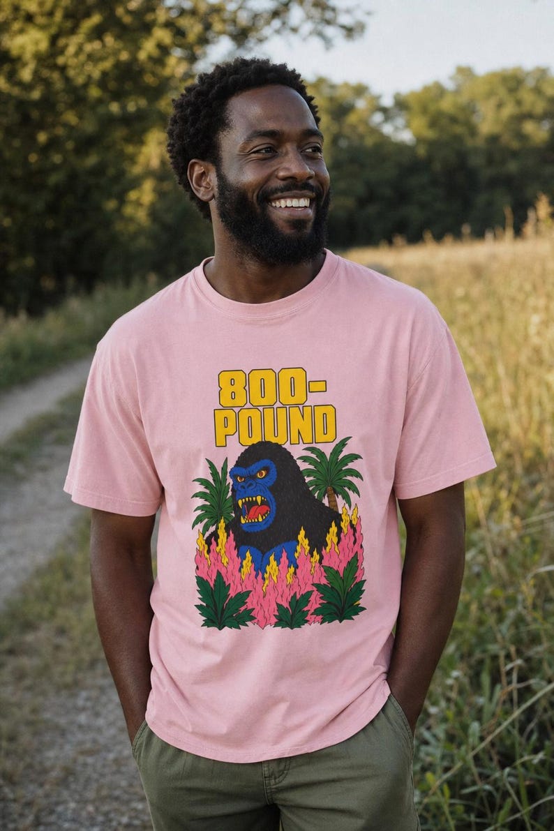 800-Pound Gorilla T-Shirt Pulp Poster Kaiju Tee Bold Flat Color Screenprint Style Roaring Ape Palm Trees Graphic Tee image 3