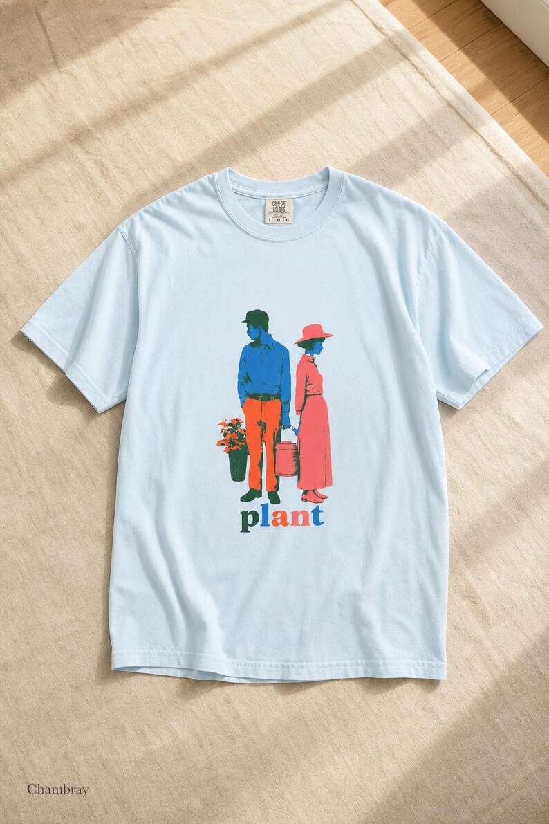 Plant Couple T-Shirt, Retro Screenprint Style Tee with Gardeners Holding Flowers and Watering Can, Cottage Garden Graphic Tee image 8