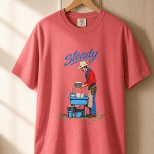 Steady Cowboy Washing Dishes T-Shirt, Mustached Ranch Hand at Blue Sink Graphic Tee, Quiet Work Western Shirt image 15