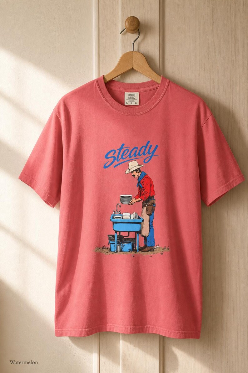 Steady Cowboy Washing Dishes T-Shirt, Mustached Ranch Hand at Blue Sink Graphic Tee, Quiet Work Western Shirt image 15