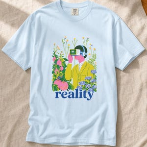 Reality VR Headset Garden T-Shirt Person in Yellow Jacket Among Daisies Hydrangeas and Peaches Botanical Graphic Tee image 9