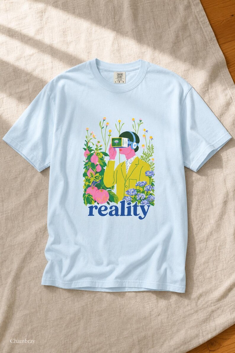 Reality VR Headset Garden T-Shirt Person in Yellow Jacket Among Daisies Hydrangeas and Peaches Botanical Graphic Tee image 9