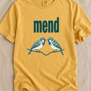 Mend Two Birds T-Shirt Sparrows on a Wire Screenprint Style Tee Quiet Repair Mutual Aid Cottagecore Bird Lover Graphic Tee Bild 11