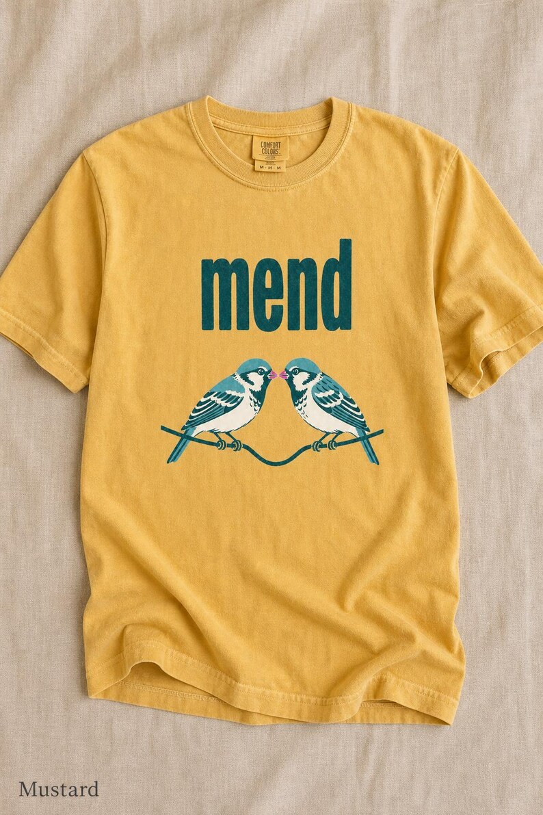 Mend Two Birds T-Shirt Sparrows on a Wire Screenprint Style Tee Quiet Repair Mutual Aid Cottagecore Bird Lover Graphic Tee Bild 11